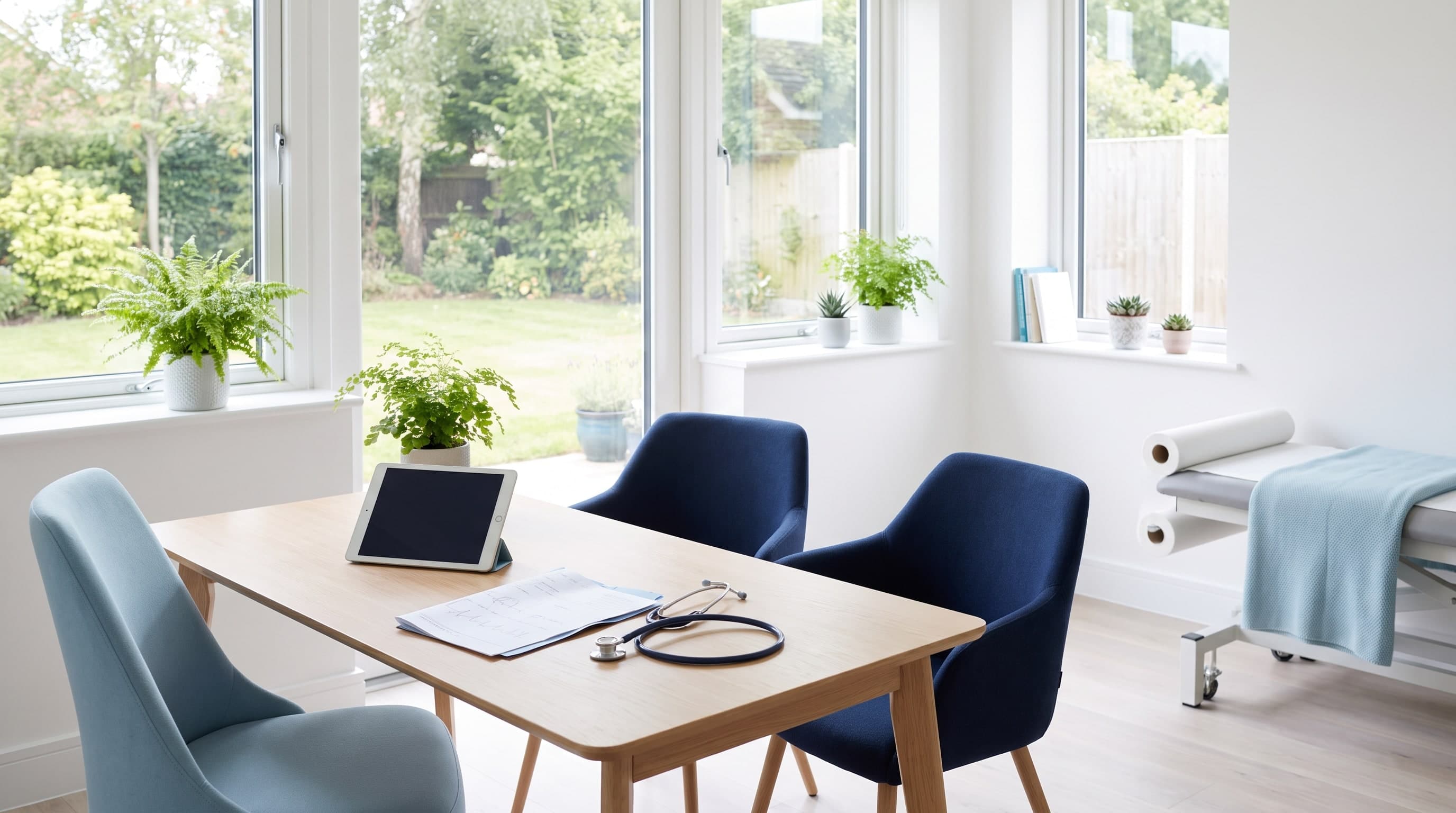 Helles Sprechzimmer mit Schreibtisch, Stethoskop und Tablet, durch die Fenster ein Garten