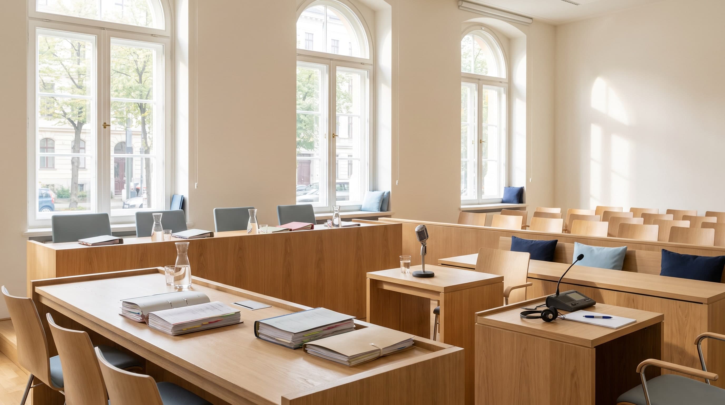 Heller Gerichtssaal mit Richterbank aus hellem Holz und hohen Bogenfenstern